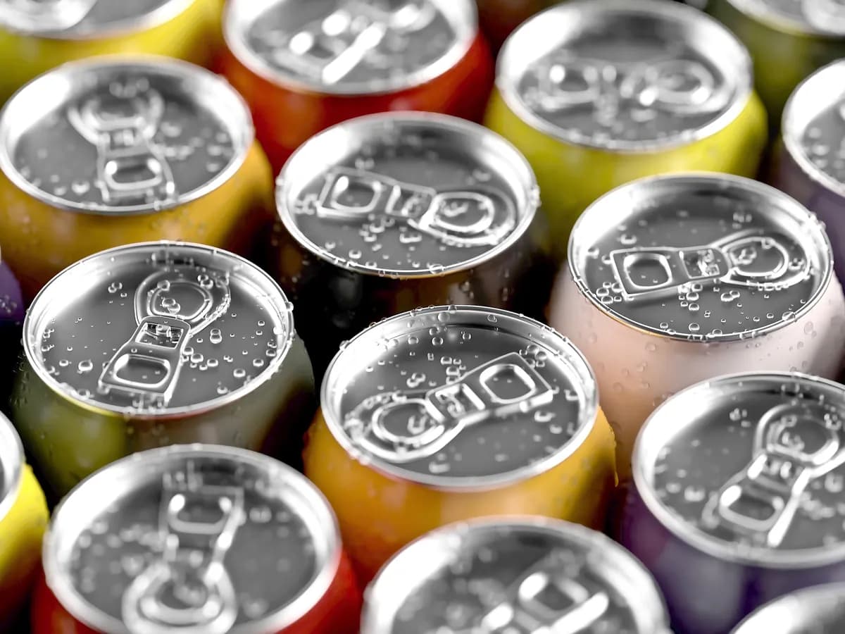 Colourful drinks cans and bottles